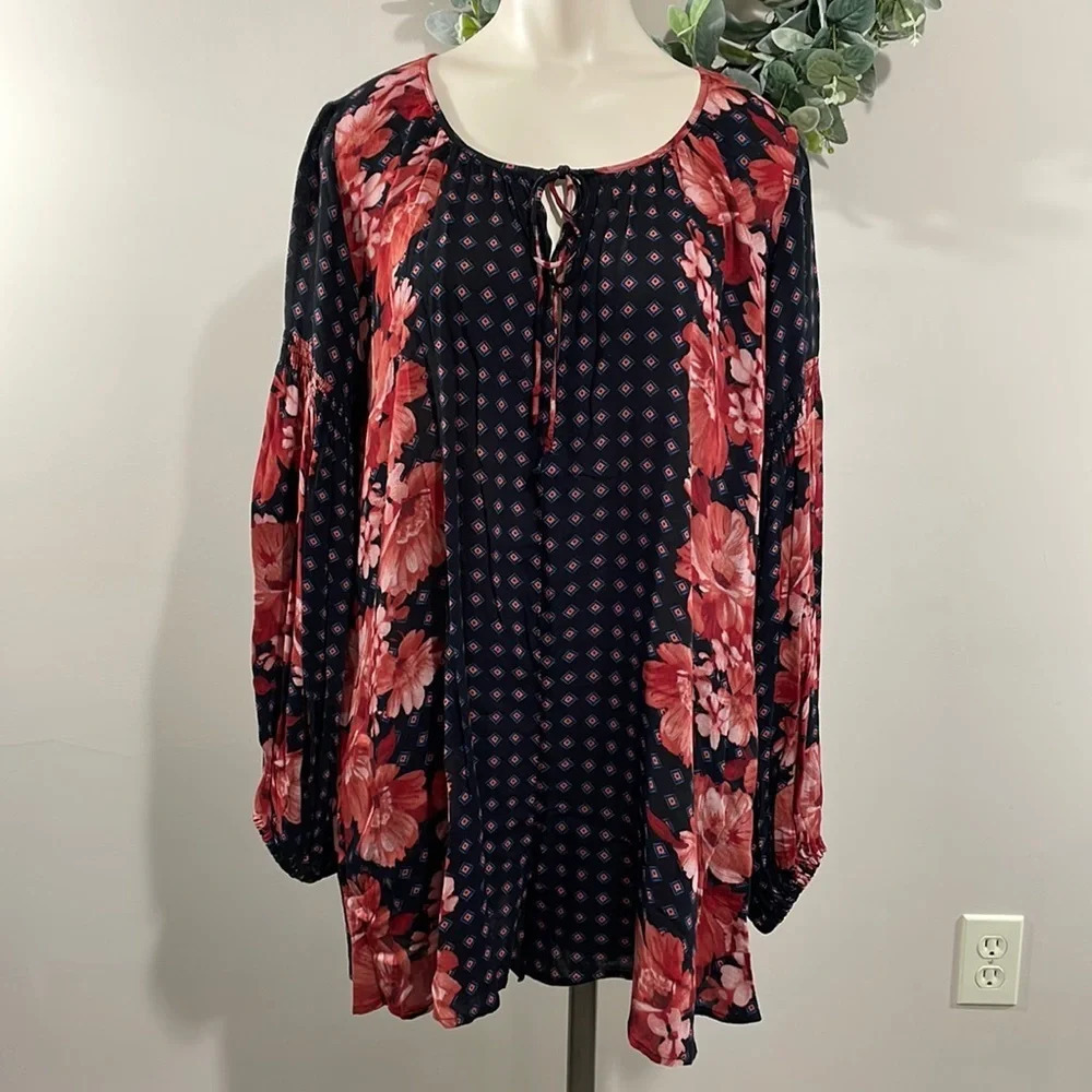 Free People Sunset Boulevard Boho Floral Oversized Romper Long Sleeve Pockets XS